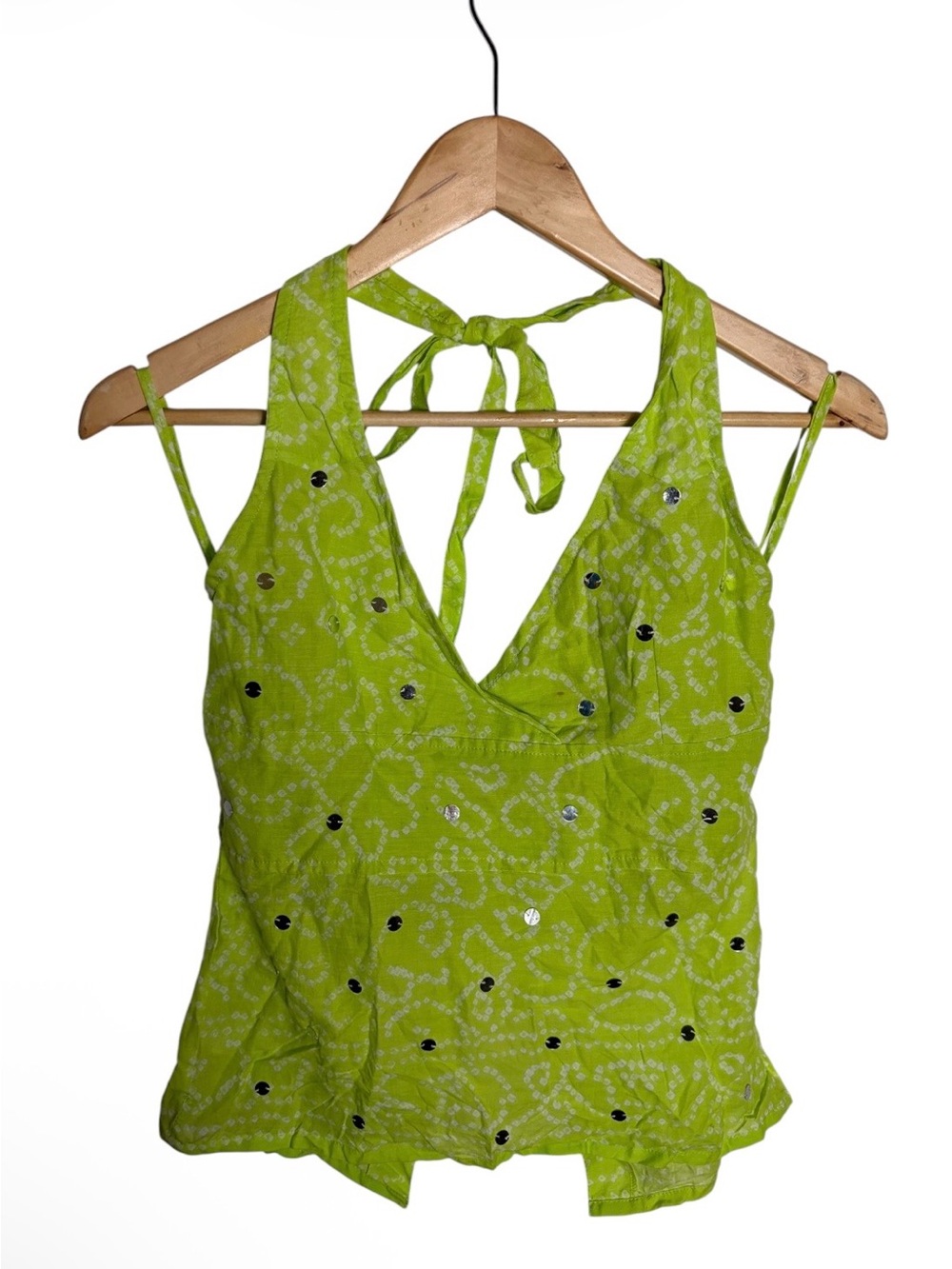 NWT Y2K blue plate halter tie v neck lime green  with sliver metallic sequins M